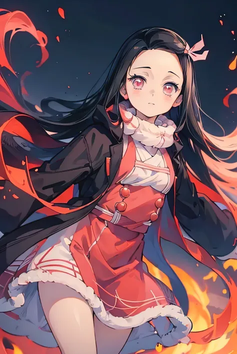 estilo anime, Nezuko Kamado Demon Slayer, clima frio ,de vestido