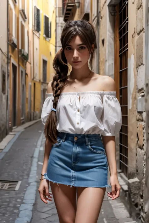 cute italian girl、brown hair、pigtails、slender body、white off shoulder shirt、blue denim mini skirt、in the alleys of italy、look at me