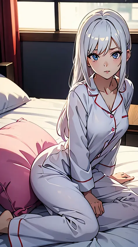 one anime girl , white, hair, in sexy pyjamas on bed , pillow