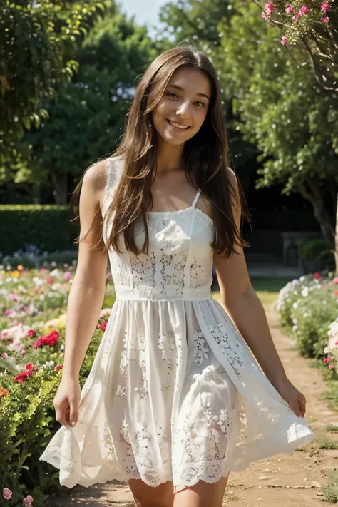 A very beautiful 18 year old French woman walking in a flower garden in a short white lace dress. She has long brunette hair and a pleasant smile. beautiful green eyes. The sun is shining softly on her face and a gentle breeze catches her hair and dress.