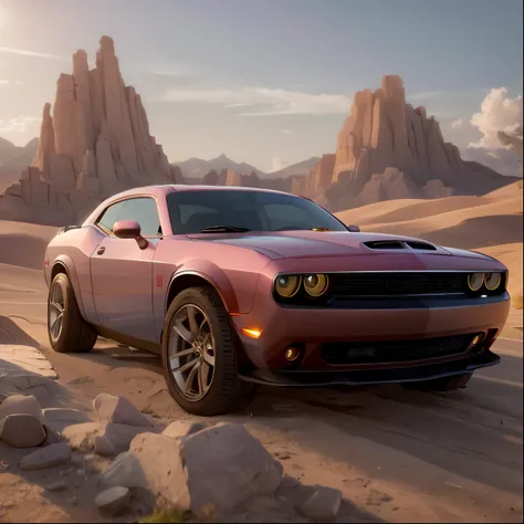 Best quality, masterpiece, ultra high res, (photorealistic:1.4), car: Dodge Challenger, black color, orange headlights, shiny; location: desert; details: sun, good composition