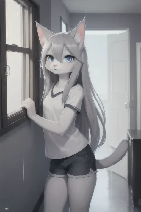 anthro girl cat, long hair, cat tail, solo, furry, furry girl, (kid, gray fur, gray body, blue eyes, gray hair:1.2), (black t-sh...