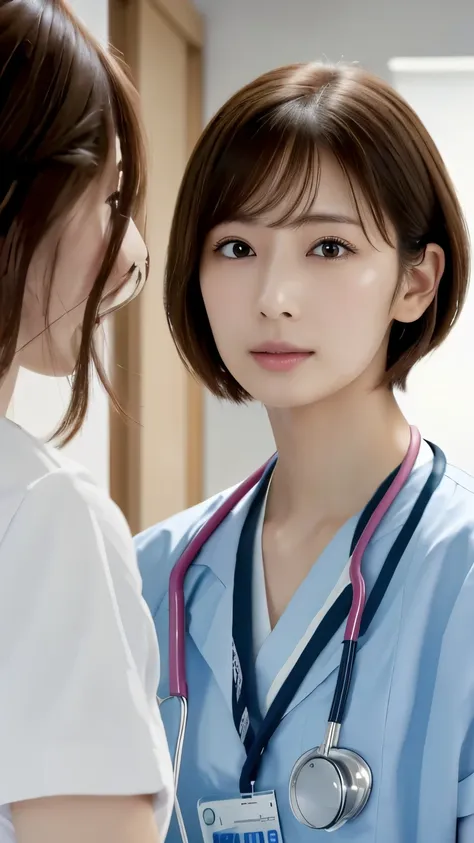 doctor and woman、hospital、(masterpiece:1.3), (8k, photoreal, raw photo, best image quality: 1.4), japanese, (1 girl), beautiful ...