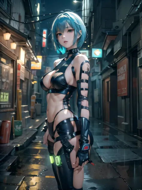 (photorealistic:1.8, highest quality:1.8,8K masterpiece:1.8,High resolution,muste piece:1.8,RAW Photos,cinematic lighting),
cyber punk、Back alley at night in the city、rain-soaked ground、vapor、
 (1 android girl:1.3)、Completely naked、Heart-shaped nipples、bon...