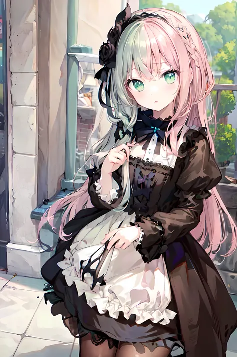 pastel gothic dressed girl, ((dark cream hair)), pale green eyes, pastel gothic lolita dress, cream colored hair
