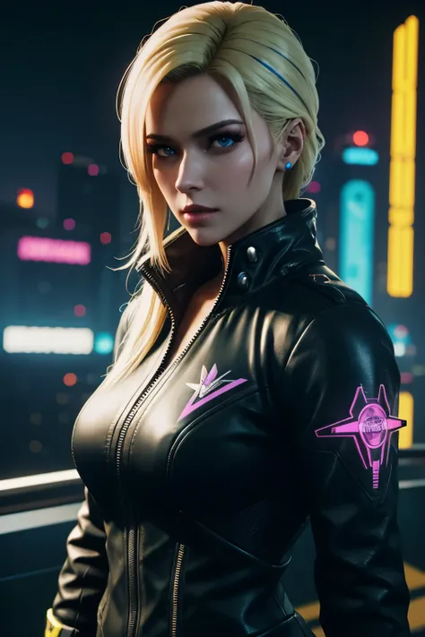 A corporate woman, corporation outfit, cyberpunk 2077, blonde hair with blue highlights