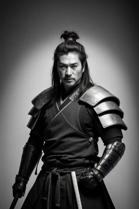 High quality photo, Middle age men, samurai men, hold his samurai, handsome ronin, legend, cool pose, black white, look at viewer