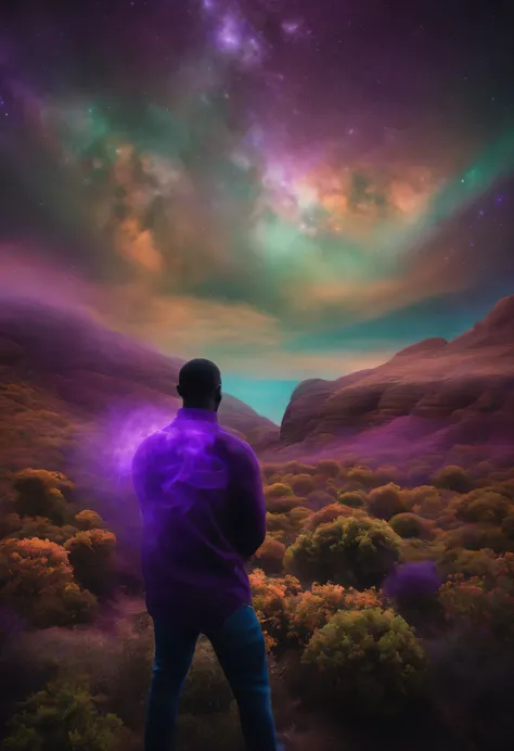 Create a visualization with hallucinogenic effects of purple drugs with a black man mesmerized by everything.