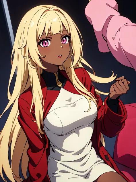 masterpiece, best quality, 1girl, anime, concave bangs, dehya, dark skin, blonde hair, pink eyes, red jacket, neutral expression...