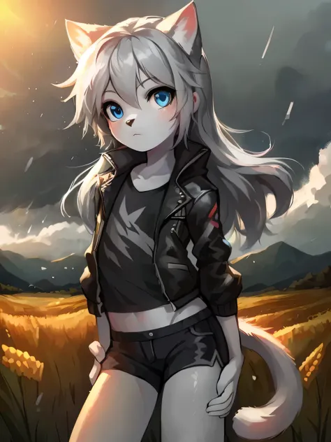 anthro boy cat, long hair, cat tail, solo, furry, furry boy, (girly, young, gray fur, gray body, blue eyes, gray hair:1.2), (black shorts, t-short, jacket, black clothes), (detailed background, cornfield, wind, day, summer, storm, rain, gray background), p...