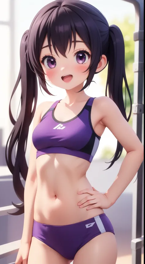 masterpiece, 1girl, solo, smile, smirk, open mouth, (purple black hair), twin tails, race queen, rq, tedeza rize, standing, (hand on own hip), looking at viewer, gym bra and panties, Intricate Iris Details