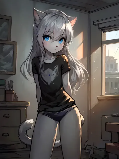 anthro boy cat, long hair, cat tail, solo, furry, furry boy, (girly, young, gray fur, gray body, blue eyes, gray hair:1.2), (panties, t-short, black clothes), (detailed background, window, room, day, summer, storm, street, rain, gray background), pose