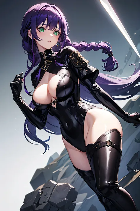 4k,High resolution,one woman,purple hair,long hair,Braid,green eyes,big breasts,knight,Black leotard armor,black color long boots,jewelry embellishments,Large sword,medieval town