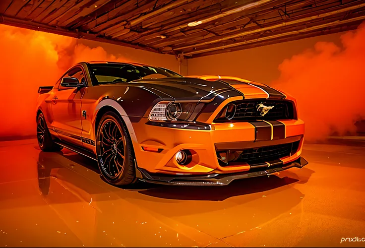 A Ford Mustang GT, in deep carrot orange, burns rubber on an open highway, leaving behind a plume of white smoke as it drifts, capturing the power and legacy of American muscle