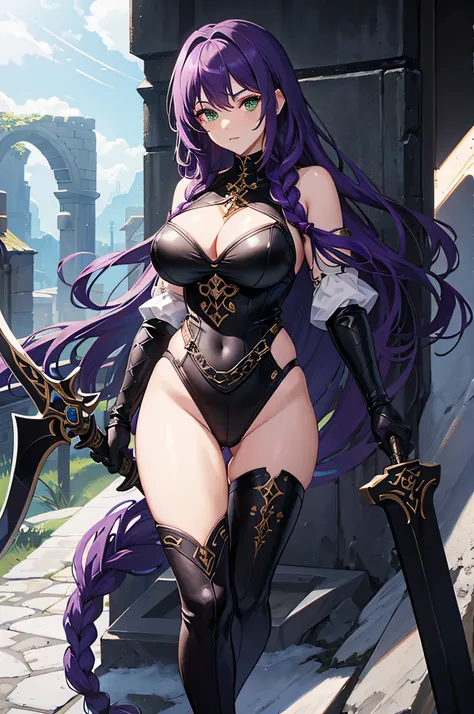 4k,High resolution,one woman,purple hair,long hair,Braid,green eyes,big breasts,knight,Black leotard armor,black color long boots,dragon horn,jewelry embellishments,Large sword,medieval town