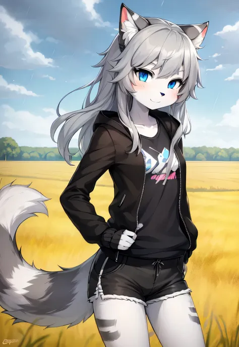 anthro boy cat, long hair, cat tail, solo, furry, furry boy, (girly, young, gray fur, gray body, blue eyes, gray hair:1.2), (black shorts, t-short, jacket, black clothes), (detailed background, cornfield, wind, day, summer, storm, rain, gray background), p...