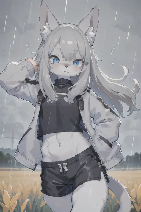 anthro boy cat, long hair, cat tail, solo, furry, furry boy, (girly, young, gray fur, gray body, blue eyes, gray hair:1.2), (black shorts, t-short, jacket, black clothes), (detailed background, cornfield, wind, day, summer, storm, rain, gray background), p...