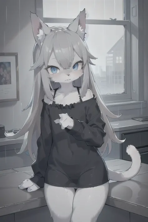 anthro boy cat, long hair, cat tail, solo, furry, furry boy, (girly, young, gray fur, gray body, blue eyes, gray hair:1.2), (panties, t-short, black clothes), (detailed background, window, room, day, summer, storm, street, rain, gray background), pose