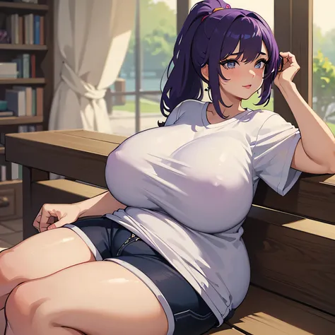 ((best quality)), ((masterpiece)), (detailed), perfect face, very short, plump body, gigantic breasts, fat thighs, looking at camera, purple hair, shaggy ponytail, grey eyes, tan skin, booty shorts, skindentation, tight shirt, plump lips, lips parted, shor...