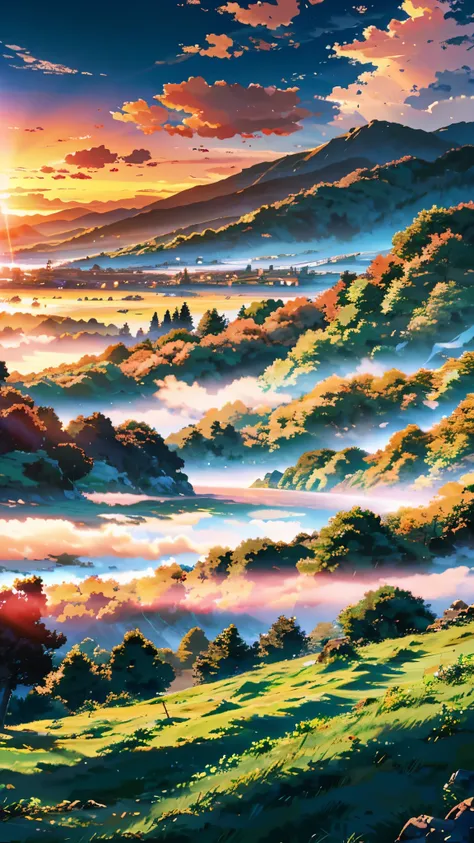 landscape, anime style, countryside, with mountains and clouds in the background, ultra hd, sunrise