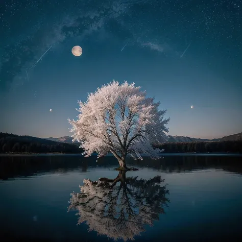 big white cherry tree with moon and starry sky in an enchanted lake, with reflections in the water. imagem utra realista, High definition. dinner is not Harry Potter style. magia