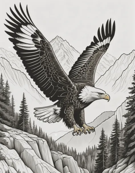 a highly detailed and hyper-detailed 8k drawing of an eagle flying in the forest massifs and mountains without colors, line draw...