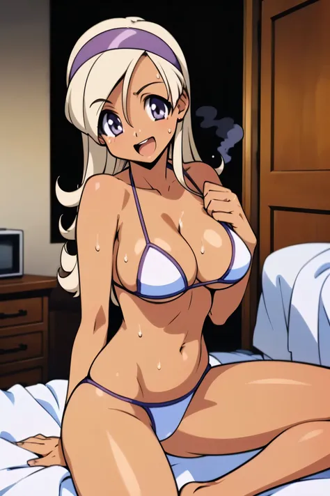 (closeup boy:1.1),high resolution、high quality、masterpiece、anime,anime style,(Hyuuga miki,Final Romance, Long hair, Blonde hair,(brown skin:1.4),purple hair band,large breasts,half undress,bikini,sitting,open mouth,bikini,in door,sweat,steam,bedroom on bed...