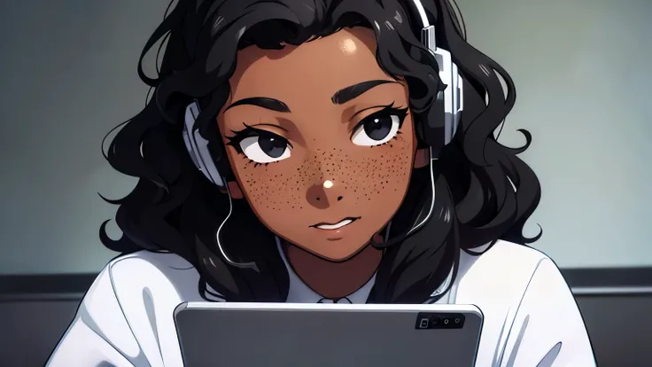 young man with dark skin, black curly hair, black eyes and freckles on her face, studying, codes, hacking, comfortable, night, headphones, high details, HD, high resolution, 4K, masterpiece