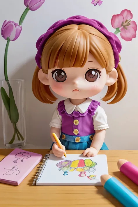 The following scenes will be expressed using chibi girl dolls.（Photoreal、A girl is drawing pictures of tulip flowers and butterflies on the wall with crayons.、The picture is a child&#39;s doodle, but it&#39;s very colorful.）