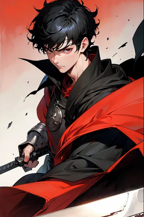 Masterpiece, Best Quality, One Boy, Black Hair, Short Hair, Muscles, Scars, Watch Viewer, Black Cloak, Big Sword, Bearing, Simple Background, Red Background, (Close-Up:1.1), (Traditional Media), Shoulder Armor,Berserk
