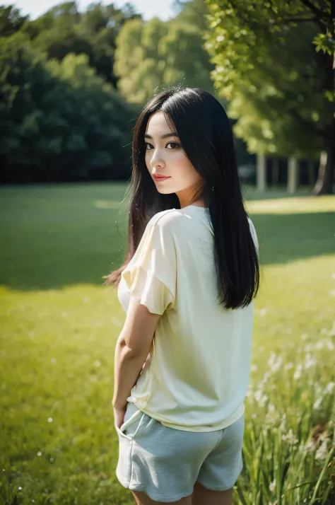 highest quality,masterpiece,32k,realistic,incredibly absurd,Depth of the bounds written、blur background、Natural light all over the body,perfect female body,Photos of beautiful Japanese women,25 year old girl,arched back,grassland,long hair,black hair,T-shi...