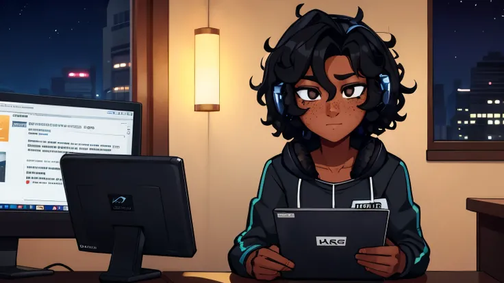 young man with dark skin, black curly hair, black eyes and freckles on her face, studying, codes, hacking, comfortable, night, headphones, high details, HD, high resolution, 4K, masterpiece