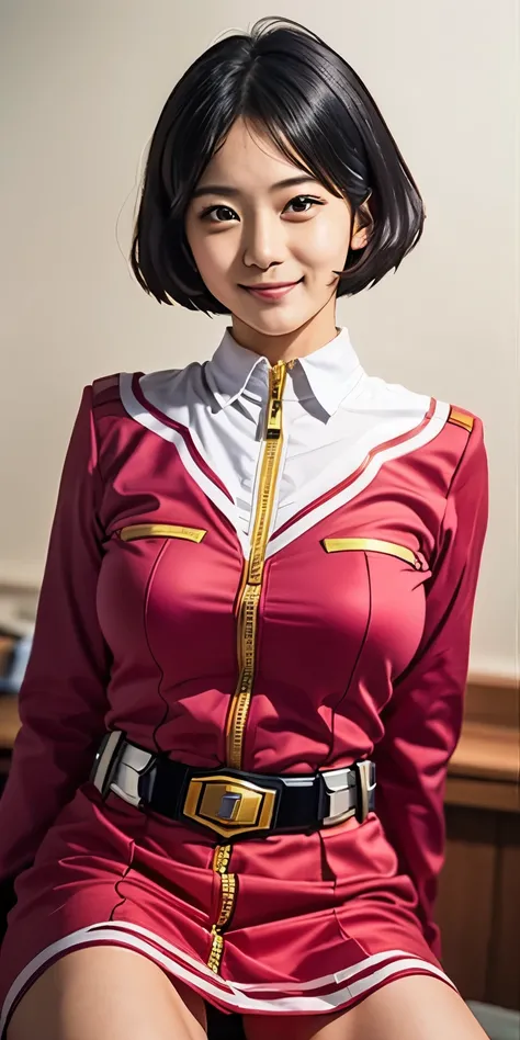 （8K、Raw photography、highest quality、masterpiece：1.2),(black haired、very short hair:1.7),show viewer,Looking at the front,erotic,(super sentai series、She is wearing a red Precure costume.:1.6)、(Clothing that emphasizes the shape of your chest:1.3)、(big brea...