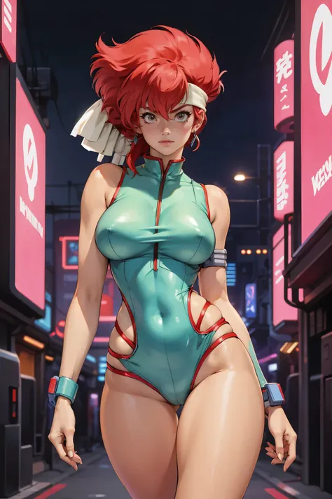 Kei from The Dirty Pair, , wearing a tight outfit, skimpy, medium breast, red hair beauty, cyberpunk city background, holding retro space-gun, headband, slim waist, slim thighs, thigh gap