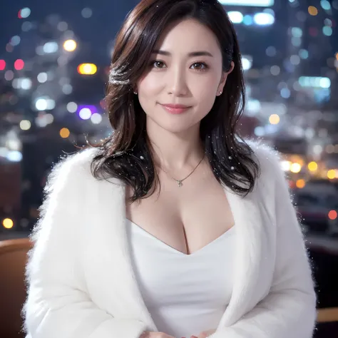 ((highest quality、table top、8K、best image quality、Award-winning work))、one beautiful mature woman、45 year old mature woman、look at me and smile、(close up of face:1.4)、(cleavage:1.1)、(big breasts:1.1)、(Perfect and classy thick fur coat:1.3)、epic movie light...