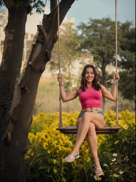 Uma mulher, extremamente realista, on a swing, no campo de flores, muito lindo, natureza, bunda grande, pernas grossas, Fitness, swing in a tree