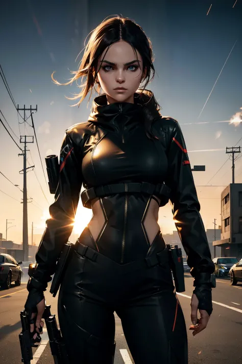 Waist up beauty girl in black body tatical combat suit holding two guns, (((cover in GTA aesthetic style::1))), golden hour illumination, sharp focus, (masterpiece), best quality, expressive eyes, perfect face, glowing