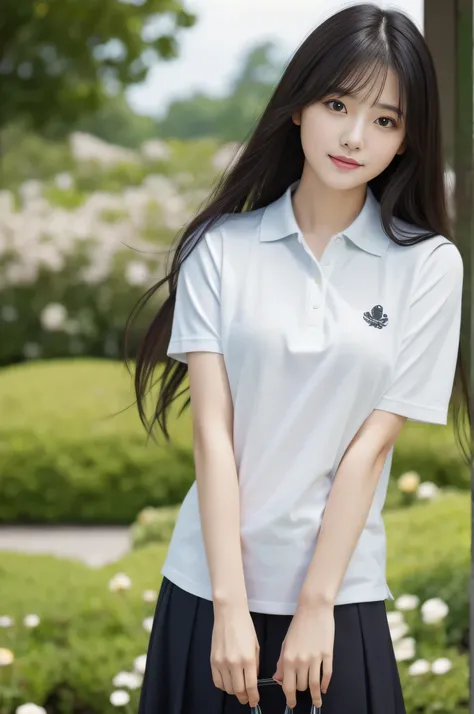 highest quality,masterpiece,32k,realistic,incredibly absurd,Depth of the bounds written、blur background、natural light face focus,perfect female body,Photos of beautiful Japanese women,25 year old girl,standing posture,flower,long hair,black hair,polo shirt...