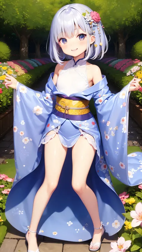 cute woman、cute face、cute smile、10 years old 、full body shot、80mm、well-shaped chest、lazy smile、Bright kimono、garden、Squirting、cherry blossoms、Because I&#39;m slender、Beautiful and slim legs、clear white skin、