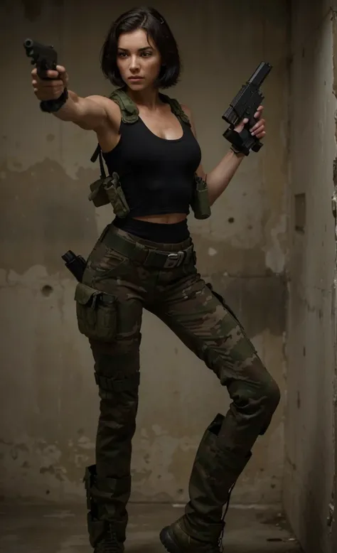 Beautiful soldier woman, short black hair, white skin, brown eyes, British face, serious expression, muscular body, wears military clothing, green military tank top, camouflage pants, blue details, belt with ammunition, holsters, holds a gun in each hand ,...