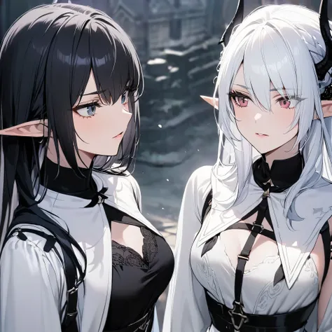 2 girls ,black clothes,white clothes, black hair, white hair, dark elf