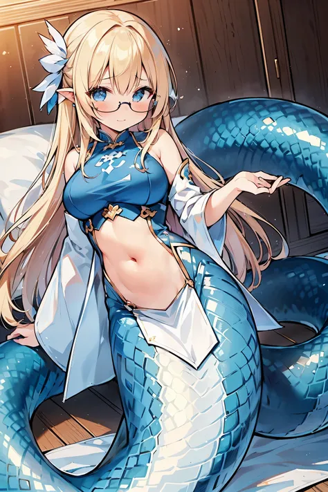 masterpiece, best quality,a girl,Lamia,blue snake tail,Long blonde hair,blue eyes,Glasses,White cheongsam suit,full-body shot,charming脸, Oval face(kawaii, charming,soft)