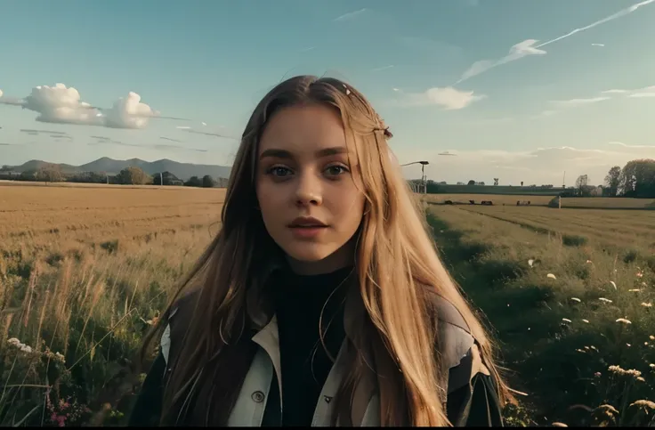 блондинка с длинными волосами в field against the sky, beautiful blonde, long blond hair and big eyes, field against the sky, br...