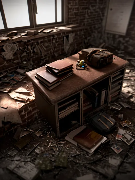 3d render, miniature diorama, explore an abandoned classroom in the college, backpack, closed college, concept art