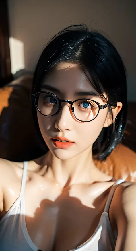 Selfie Phote, 8K, HDR, Top quality, Masterpiece, (Realistic: 1.2), 30-years-old mixed (dilraba dilmurat : 0.5)-(alexandra daddario : 0.5)-(japanese-korean) 1girl, black shaded blue hair, messy short hair, Blue eyes, Upper body, Wearing an unbuttoned mens s...