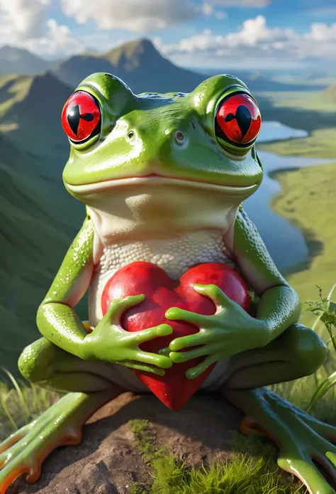 A frog with red eyes hugging a human heart and making it realistic and in the background a landscape of a wonder of the world 