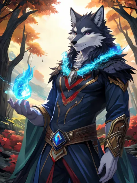 (posted on e621 by Yang J art style) furry, male, anthro, (wolf Tail), Solo, (Realistic eye details:1.2), (beautiful detailed eyes), anime - style image of a man in a white dress and a man in a black suit, beautiful avatar pictures, nature druid, wind sorc...