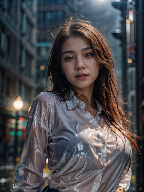 (1girls:1.5), Korean, (wearing wet button shirt:1.4), posing in the heavy rain on street of the big city, soaking wet:1.5, foggy and scary, beautiful detailed eyes, beautiful skinice soft face, flowing wet red hair, seductive smiles, happiness looks, sexy ...