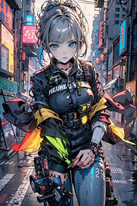 Masterpiece, Highest quality, Realistic, Subsurface scattering, colored lighting, a color, Red + Yellow + Green + blue limited color palette, detailed conceptual drawing, line-art, illustration, Cyberpunk, 18 years old 1 girl, fearless, Robot Companion, Ur...