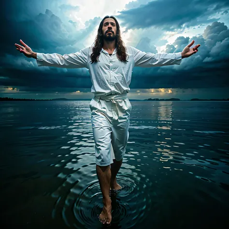 Jesus walking on the surface of the water in a storm and inviting the audience in the painting to join Him, reaching out His right hand forward